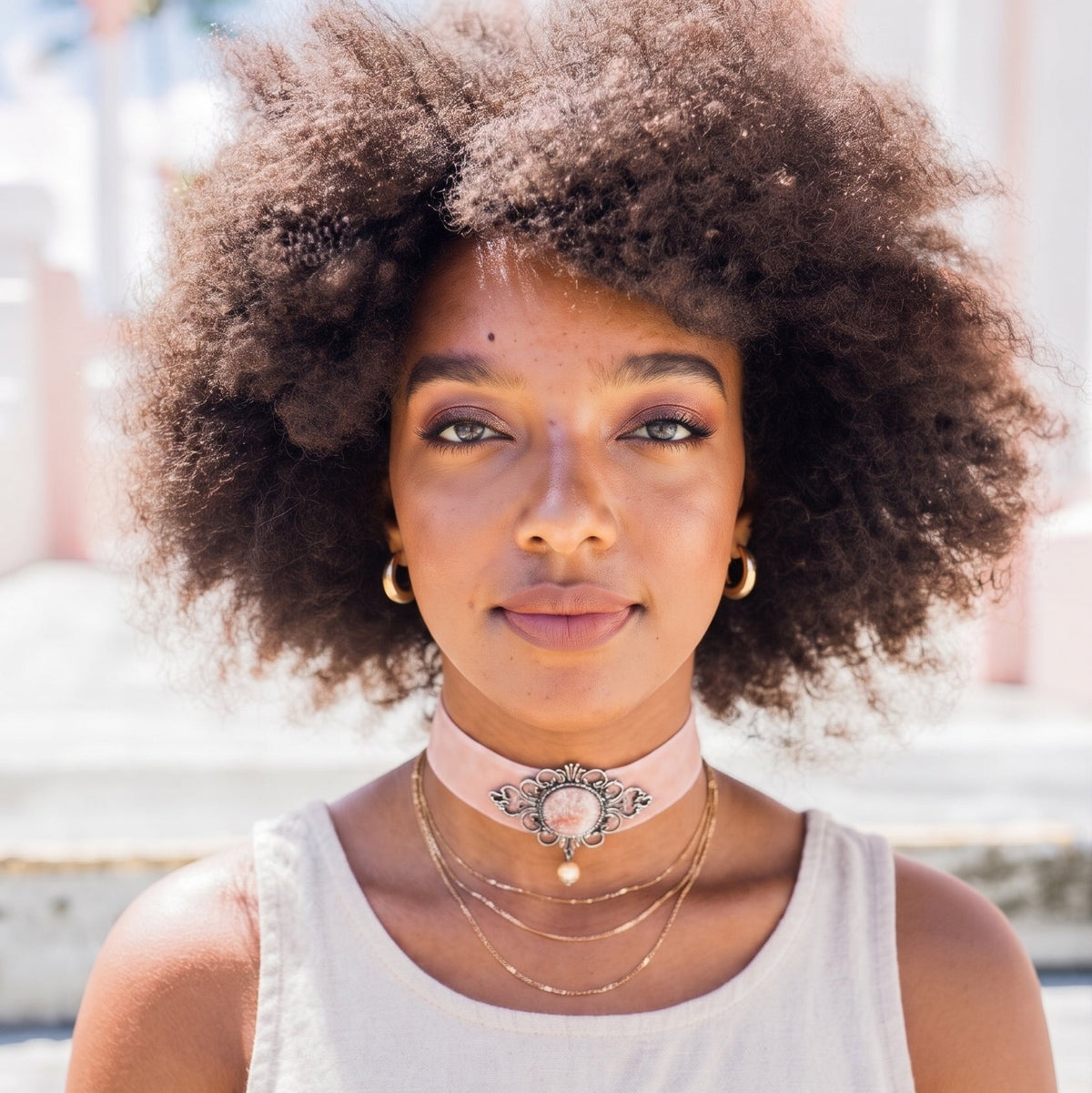 Blush Velvet Choker With Vintage Filigree Pendant And Pearl