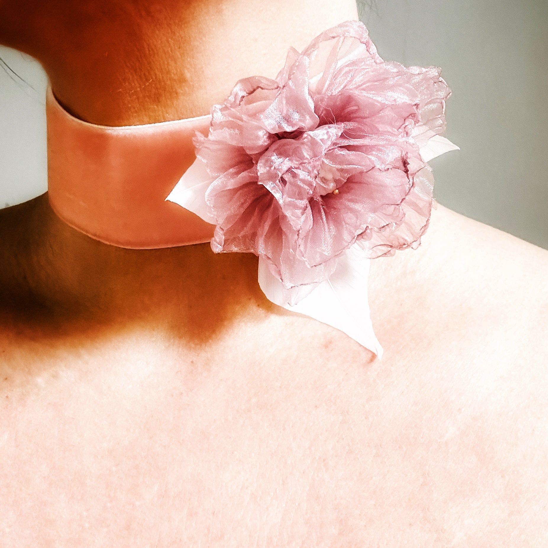 Dusty Pink Velvet Rosette Choker With Feather Accents