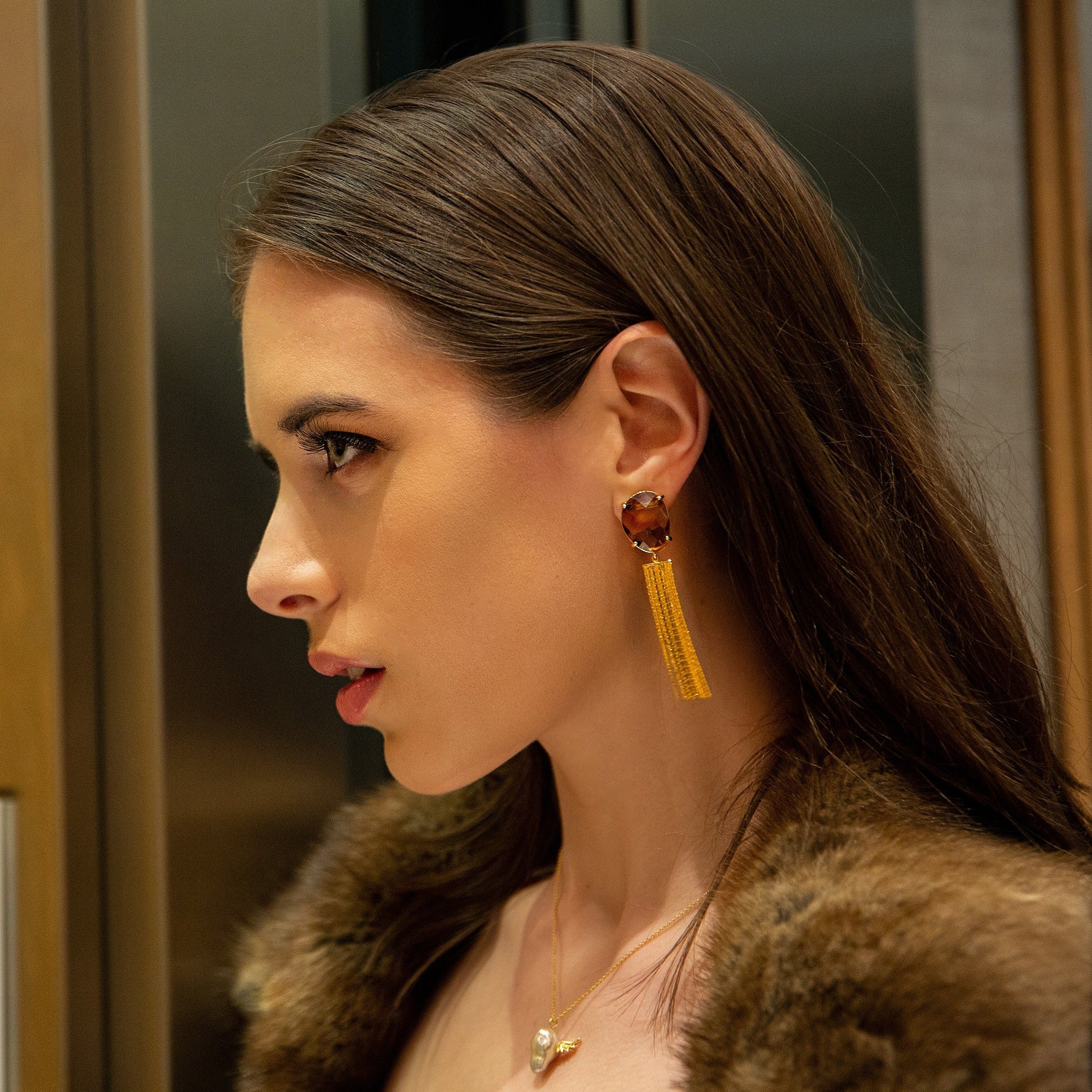 Smoky Topaz Statement Earrings With Metal Tassel
