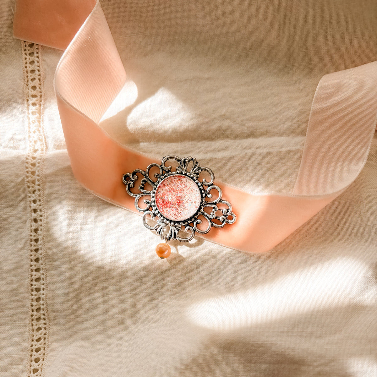 Blush Velvet Choker With Vintage Filigree Pendant And Pearl