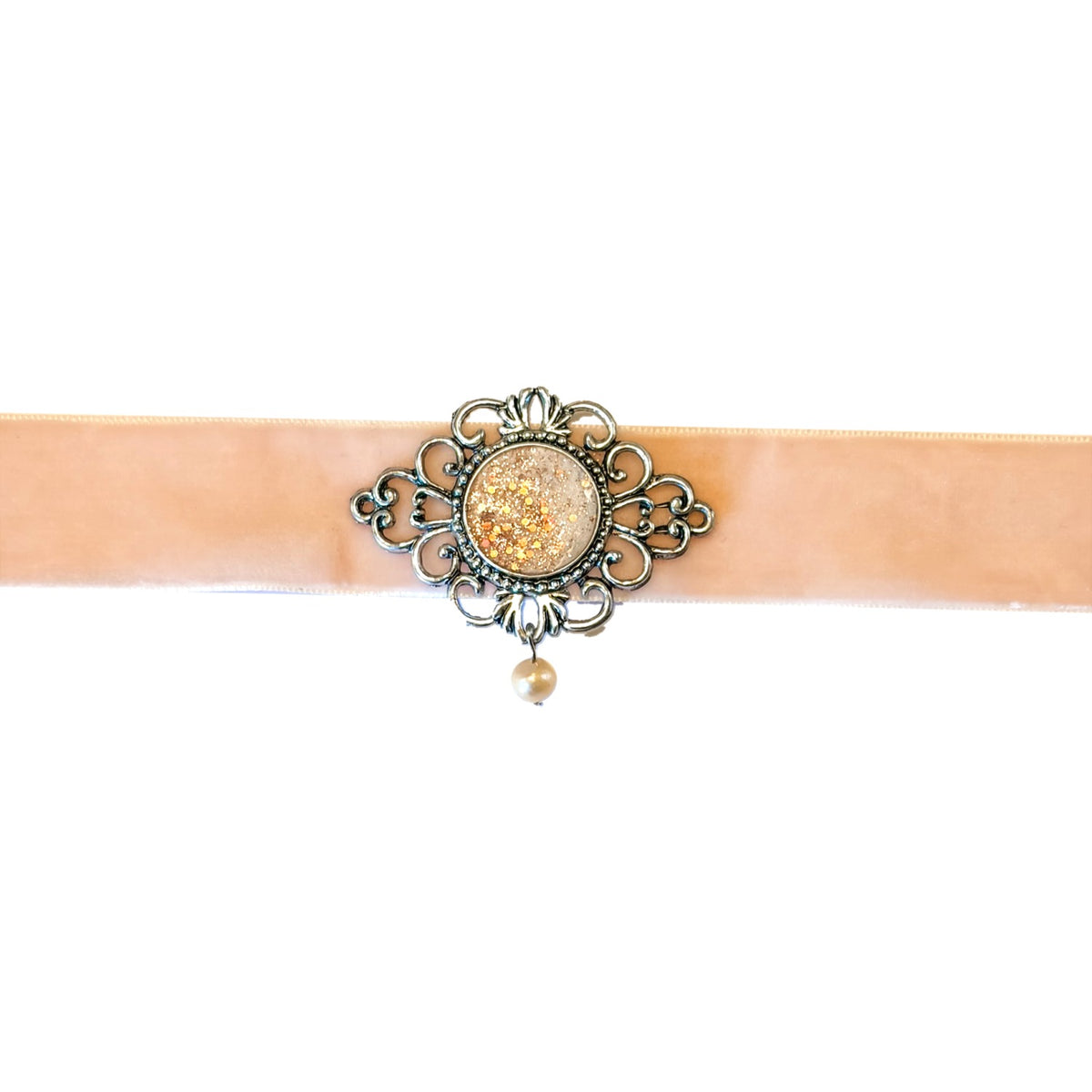 Blush Velvet Choker With Vintage Filigree Pendant And Pearl