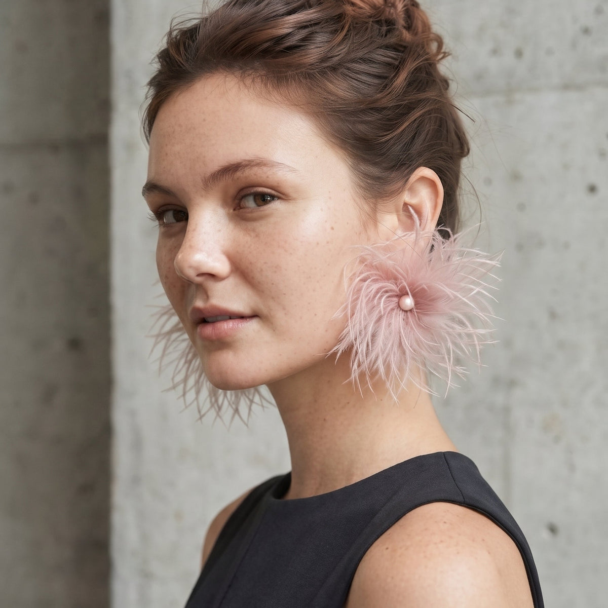 Pink Marabou Feather Pom Pom Stud Earrings with Pearl