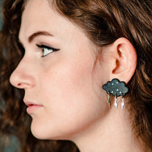 Load image into Gallery viewer, Hand crafted cloud and lightning earrings. 
