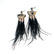 Load image into Gallery viewer, animal print leopard hand made statement earrings with ostrich feathers
