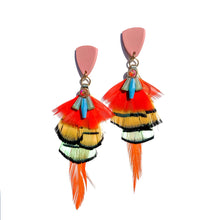 Load image into Gallery viewer, bright tropical hand crafted feather earrings
