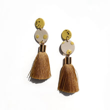 Load image into Gallery viewer, hand crafted yellow gold silk tassel dangles 
