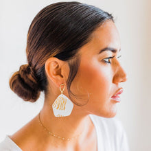 Load image into Gallery viewer, Hand crafted gold and white clay statement earrings
